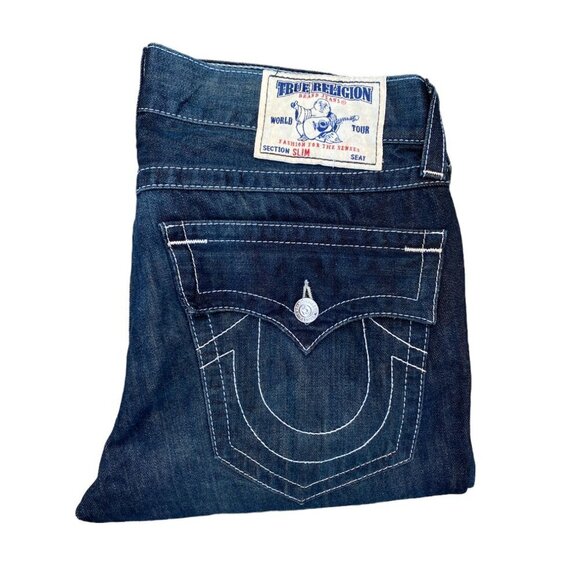 True Religion Jeans Size 34 SLIM FLAP T Blue Contrast Denim Jeans - Picture 5 of 9